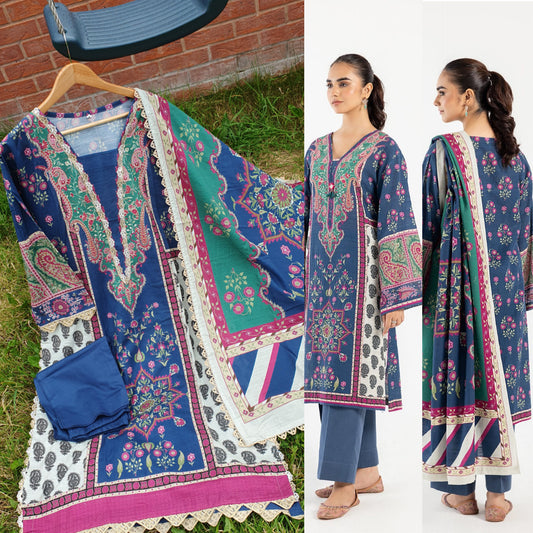 AAA Ethnic Original khaddar 3-piece stitched 21" Medium and 22" Large Length 44 to 46"