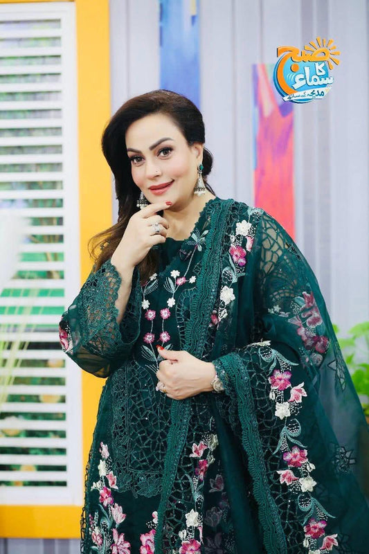 AAA Aneela's original 4-piece stitched by brand dupata and kameez organza stuff trouser and Lining Raw silk